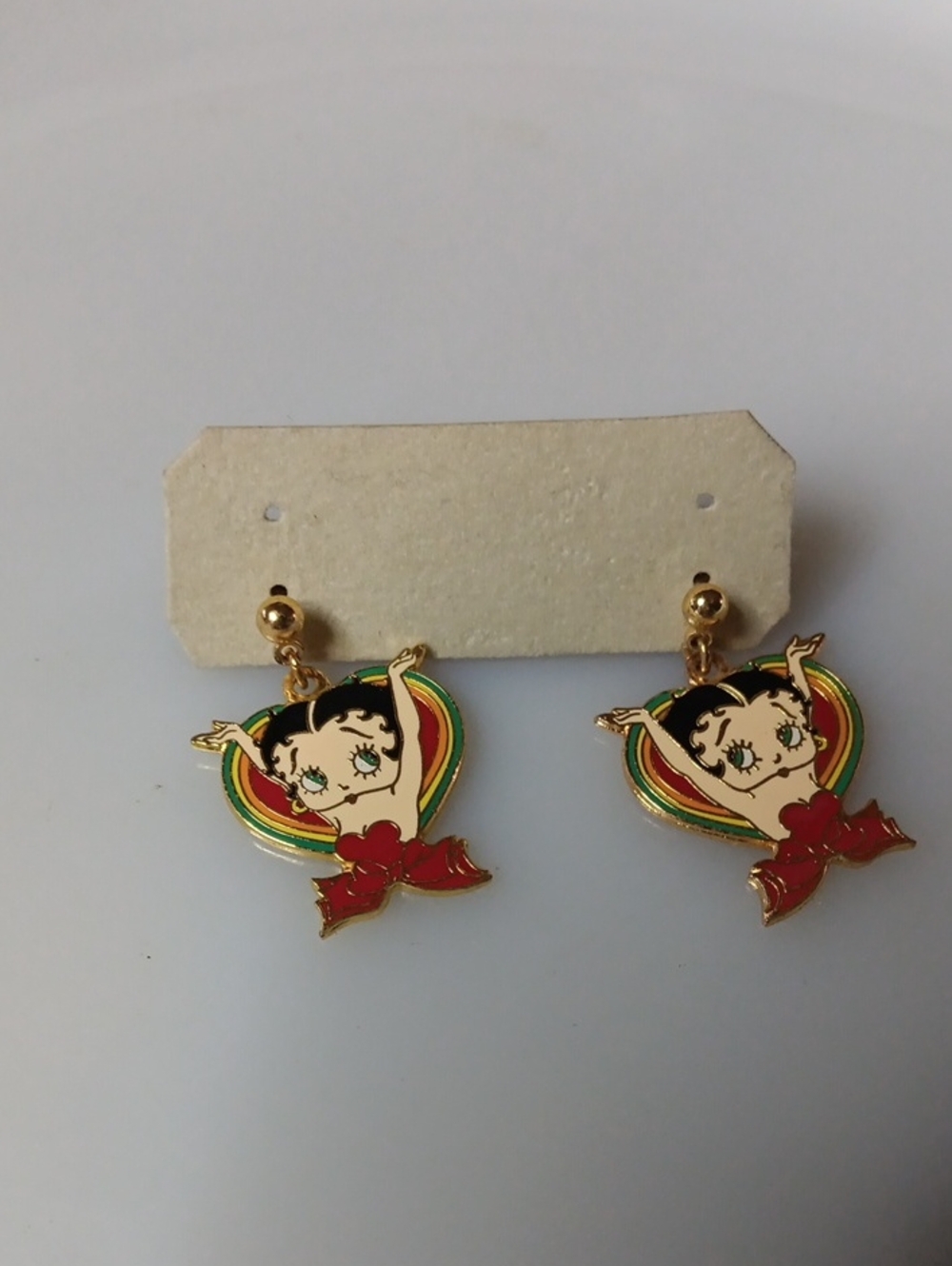 Betty Boop Gold-Tone Earrings with Red Bow and Rainbow Heart